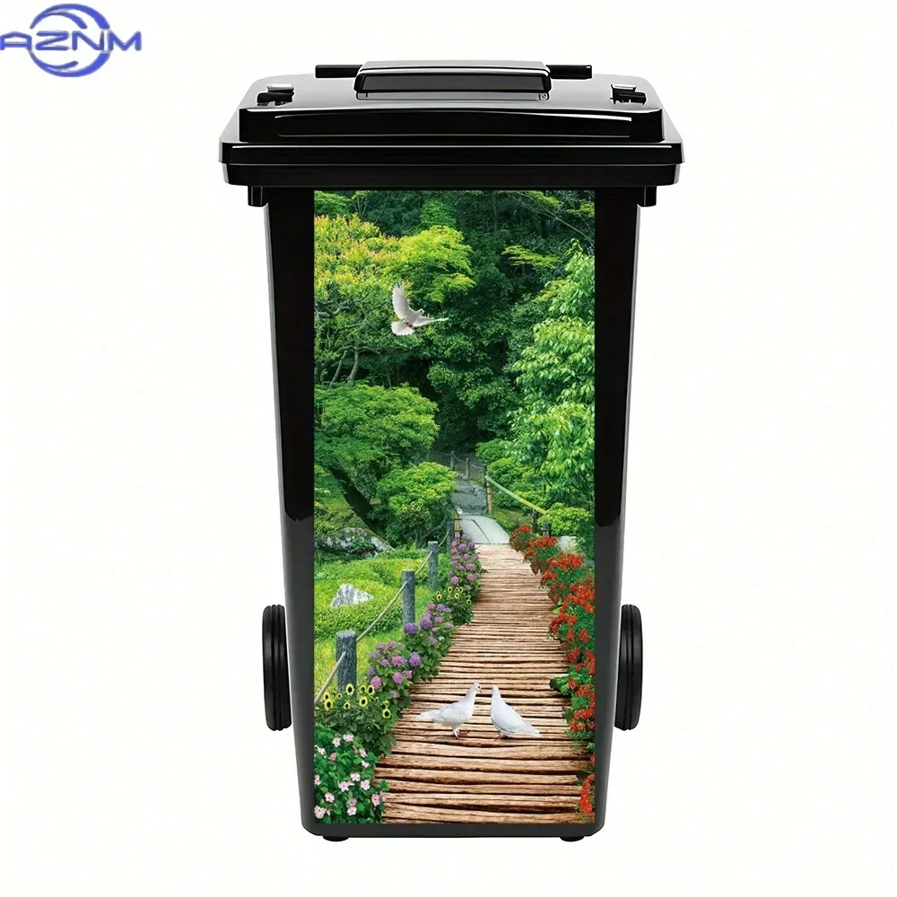 2D 1PC1pc Wooden Pathway with Doves & Flowers Trash Can Sticker - Floral Greenery Design, Waterproof Self-Adhesive Wall Decal