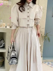 Women Simple Lapel Bubble Sleeve Shirt+high Waist Pleated Skirt Two-piece Suit 2023 Spring Summer New Fashion Set  M981