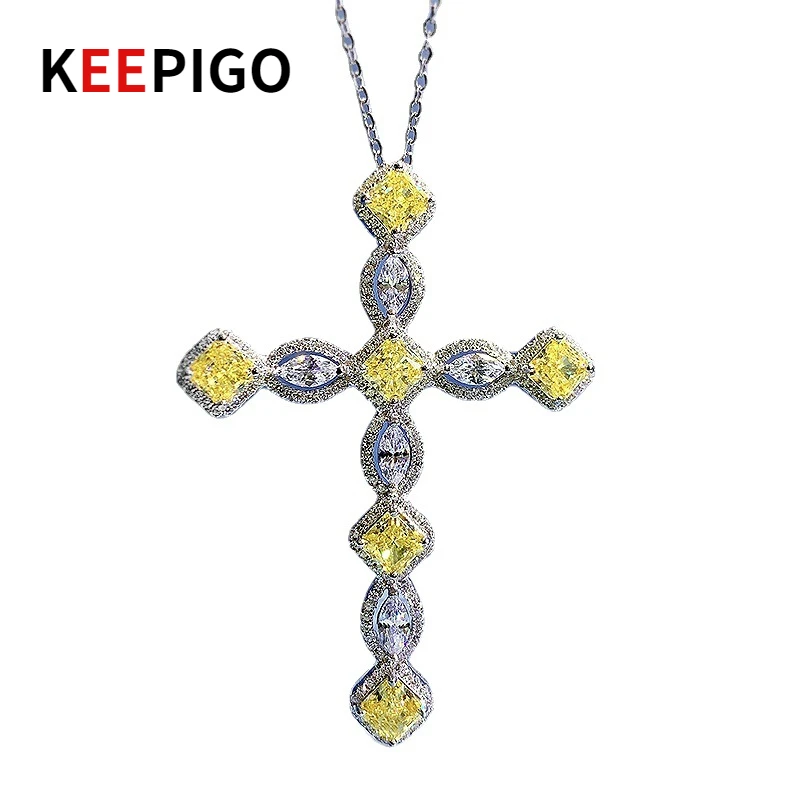 KEEPIGO S925 Sterling Silver Cross Pendant 5*5mm Yellow High Carbon Diamond Pendant Necklace For Female Fine Jewelry RA231