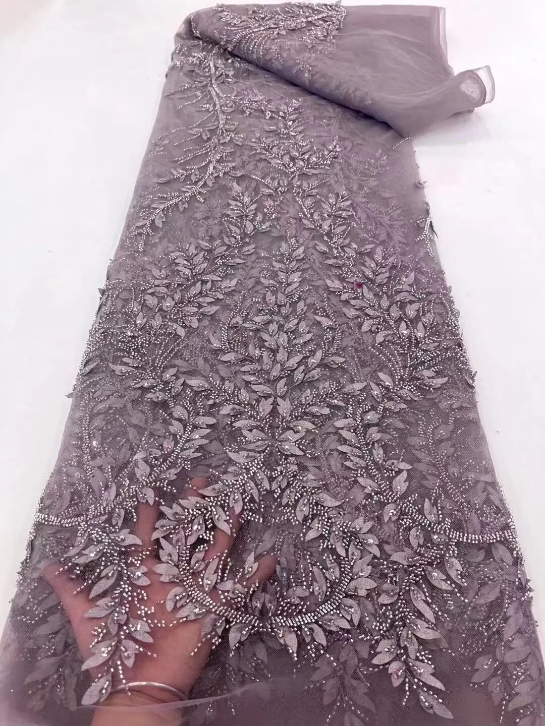 

High Quality African Nigerian Tulle Lace Fabric ZH-1228851 With Sequins and beads Embroidery Dresses