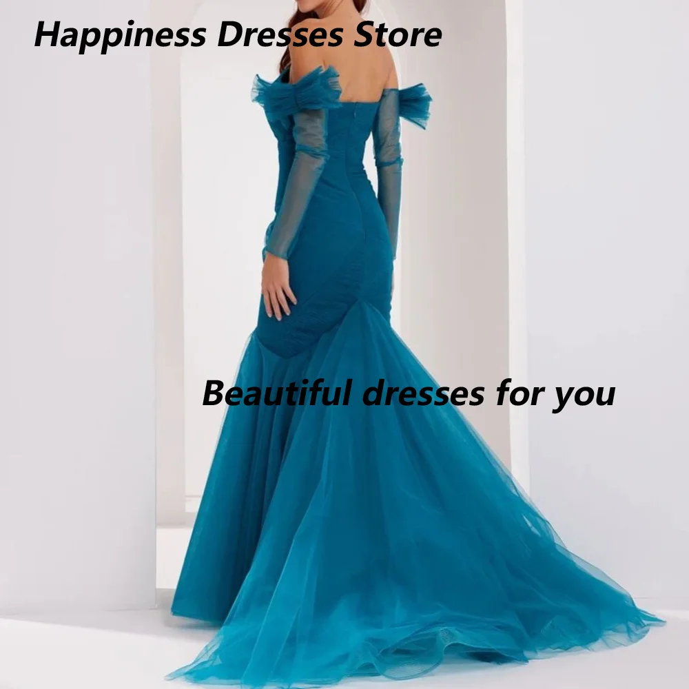 Customized Teal Tulle Mother Of The Bride Gown Off Shoulder Mesh Sleeve Ruffle Trim Ruched Mermaid Sweep Train Formal Dress