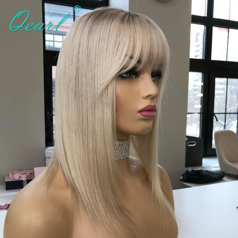 

Brazilian Virgin Human Hair Wig Sale for Women Straight Lace Front Wig with Bangs Honey Platinum Blonde Glueless Fringe Qearl