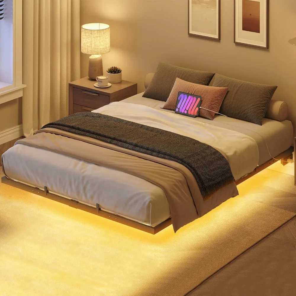 

Floating Bed Frame with Charging Station and LED Lights, Industrial Style Metal Platform, Full Bed, Silent, Black