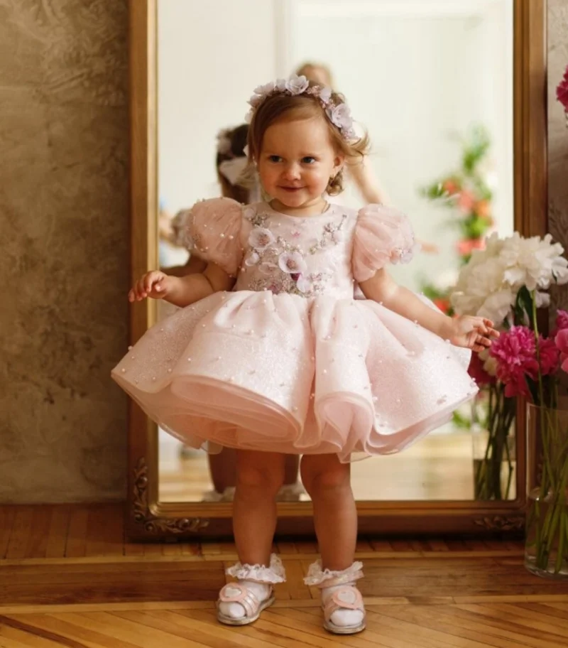 First Birthday Dress Sparkling Pearls Baby Girls Photoshoot Big Bow Toddler Original Tutu Outfit Flower Girl Dress