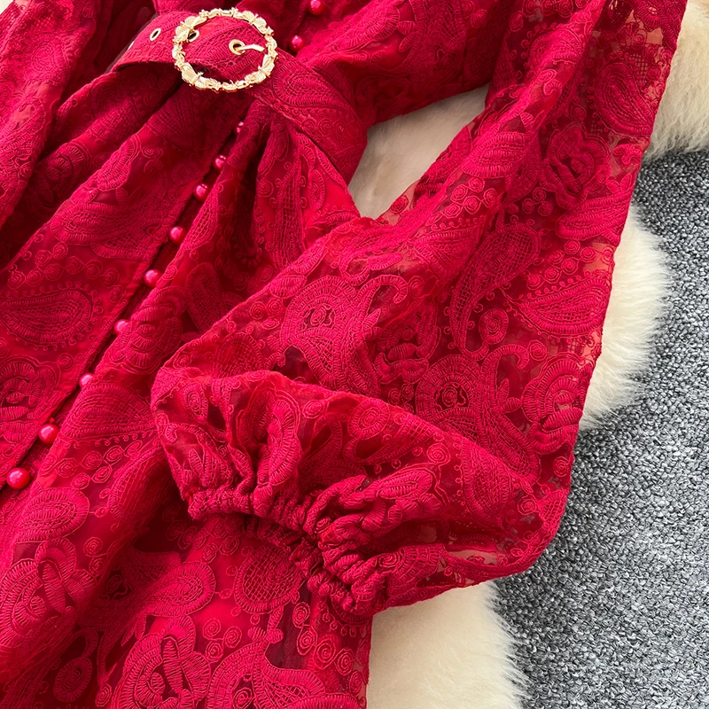 Spring Autumn High End Elegant Birthday Party Women's Dress New French Hook Flower Single Breasted Slim Lace Long Dress S89