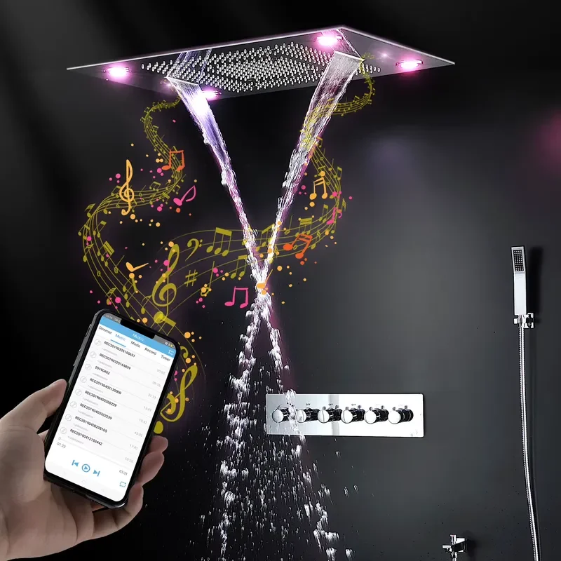 Music Shower Set Ceiling Shower Bathroom Thermostatic Set Rainfall Massage Waterfall Spa Faucets 600x800mm