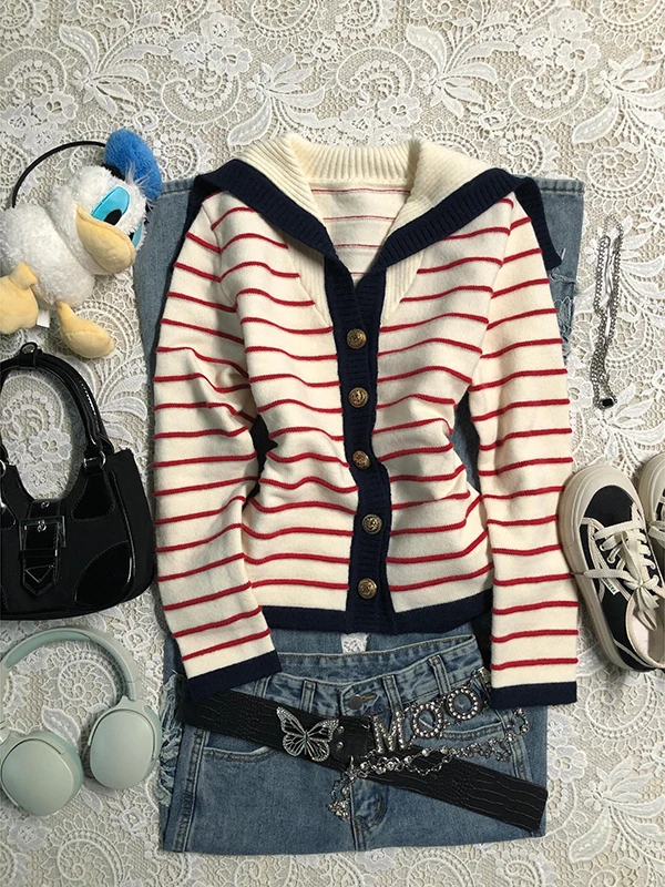 

Оригинальный полосатый свитер с большим воротником и v-образным вырезом, женское осеннее винтажное пальто в стиле ретро, длинное хлопковое пальто для поездок на работу