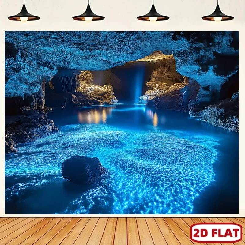 Underground Cave Tapestry,Bright Blue Glimmer Lake Cave Rock Formations Waterfall Wall Tapestry for Living Room Background Decor