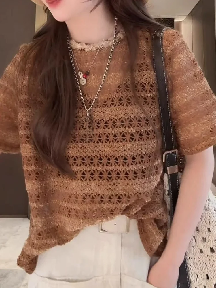 

Hollow out Casual Commute ort Sve T-irt Vintage Inner Wear Unique Design Summer New Sle Korean Loose Fit K...