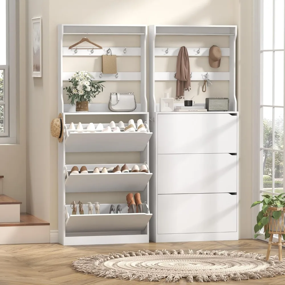 Отдельно стоящий высокий шкаф для обуви с вешалкой для одежды, скрытым хранилищем, дверцами и ящиками, подвесной барной стойкой, крючками, тонким узким дизайном для места
