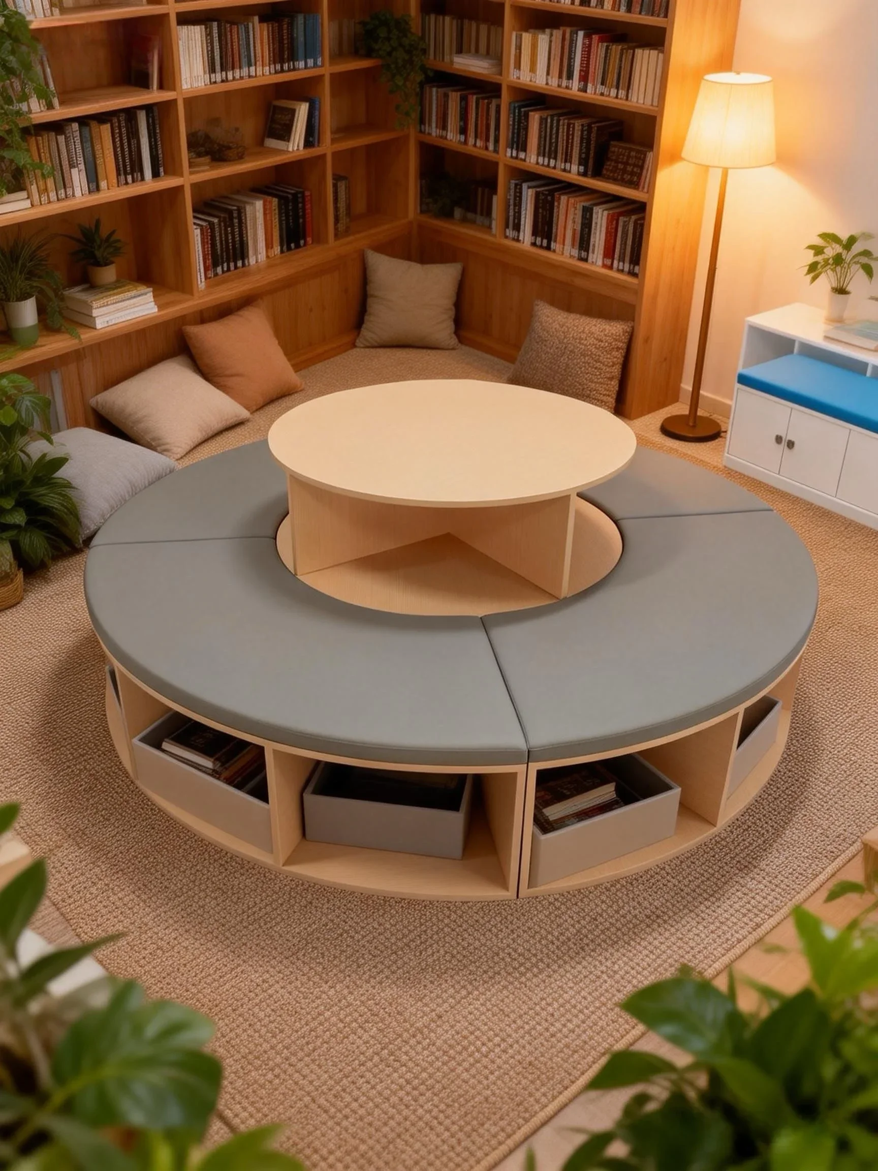 Reading area, library, castle bookshelf, seating, soft bag, bookcase, solid wood, storage, sofa