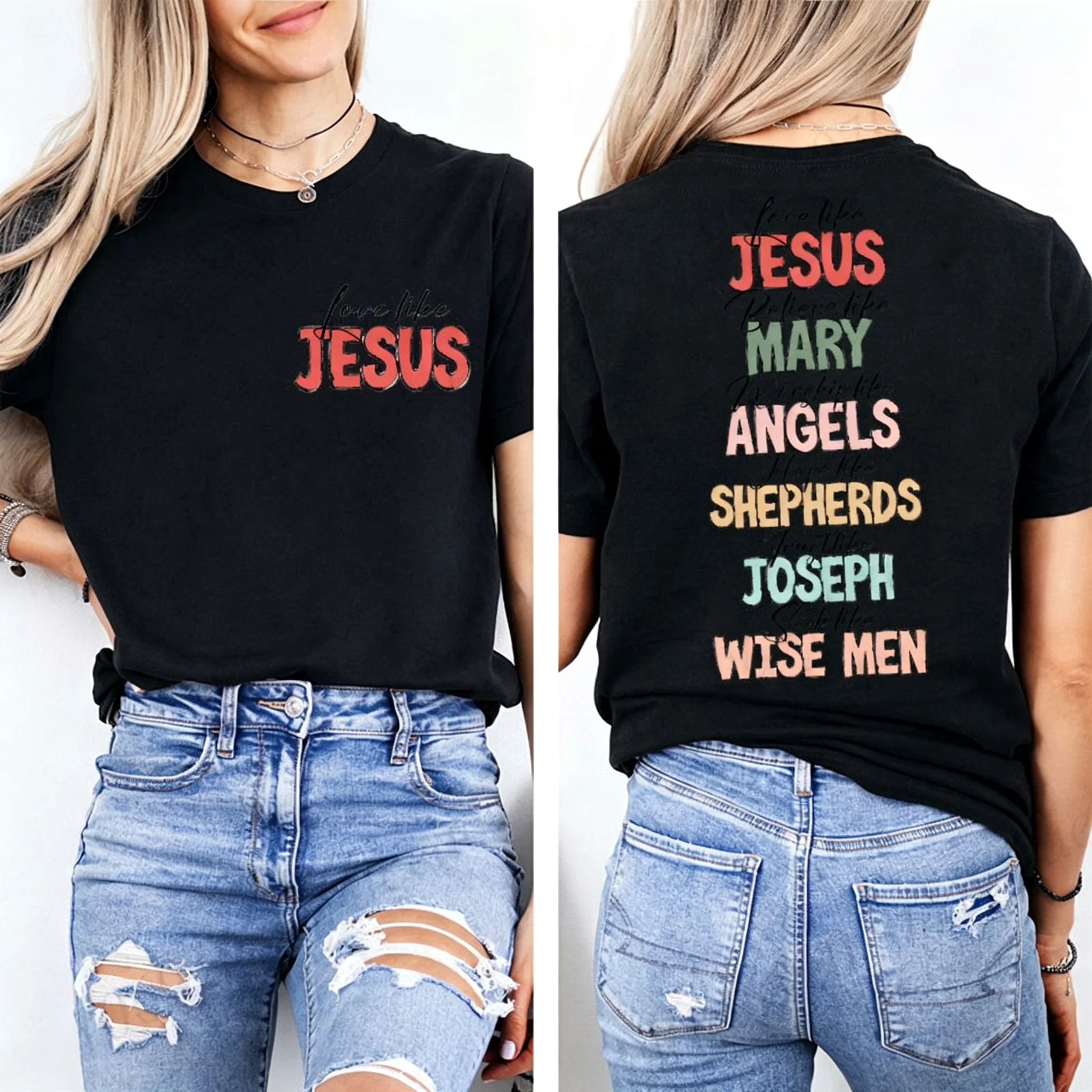 Front Back Print Religious Christmas T-shirt Love Like Jesus Faith Graphic Tee Bible Verse Xmas Holiday Short Sleeve Tee Gifts
