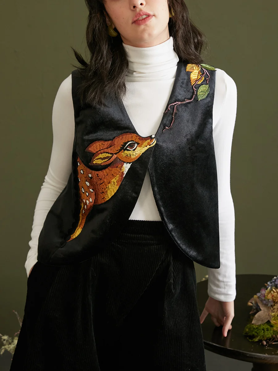 

Женский бархатный жилет с вышивкой оленя, V-образный вырез, на одной пуговице, оригинальный дизайн, осенняя коллекция, модная внутренняя одежда