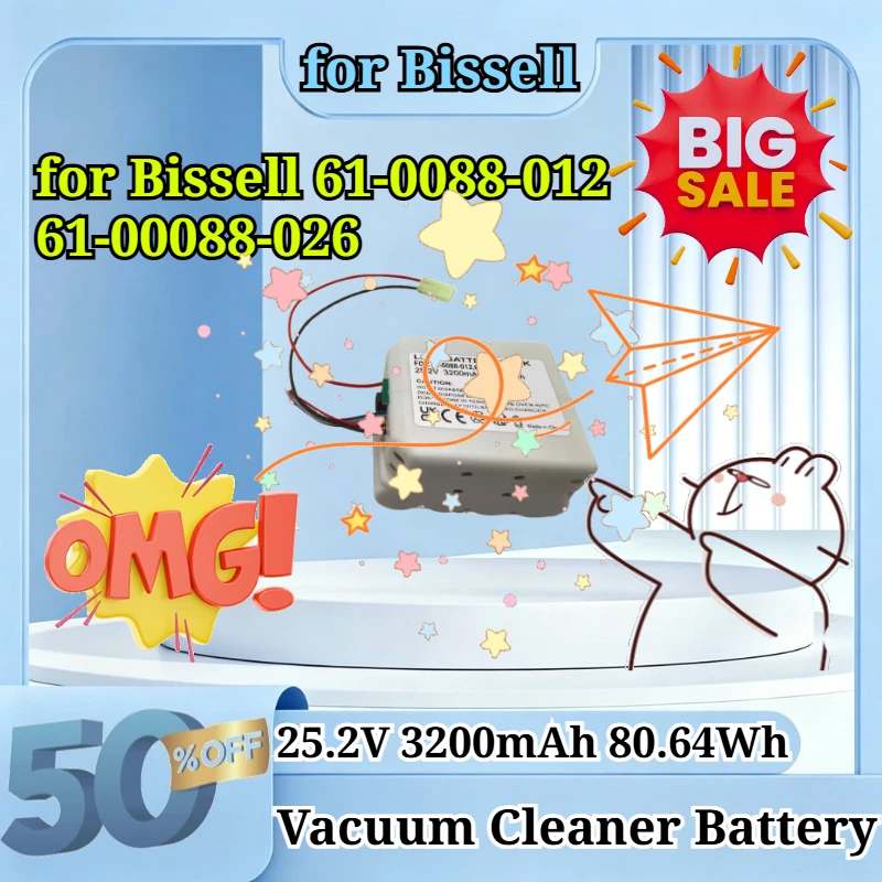 25.2V 3200mAh 80.64Wh Li-ion Replacement Battery for Bissell 61-0088-012 61-00088-026 Vacuum Cleaner Rechargeable Battery Pack