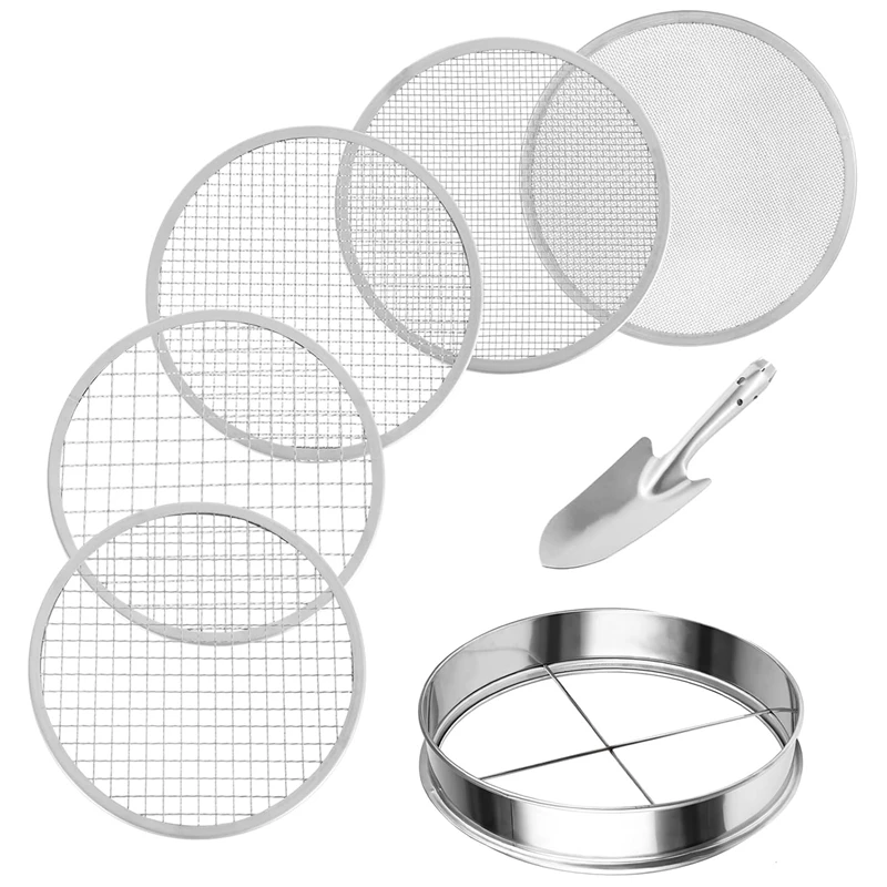 

Soil Sifter Stainless Steel Riddle Sieve Set For Gardening With 5 Sizes 8In Diameter 1/3/6/9/12Mm Interchangeable Meshes Durable