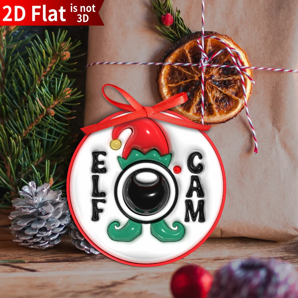 5/10/15Pcs 2D Flat Funny Elf Camera Christmas Ornaments - Acrylic Tree Decorations with Red Ribbon, Holiday Party Accessories