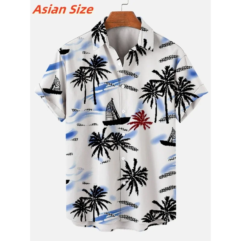 

Красочная рубашка с лацканами с рисунком парусника для мужчин, гавайские рубашки с 3D принтом кокосовой пальмы, модные топы с короткими рукавами, блузка в стиле Харадзюку