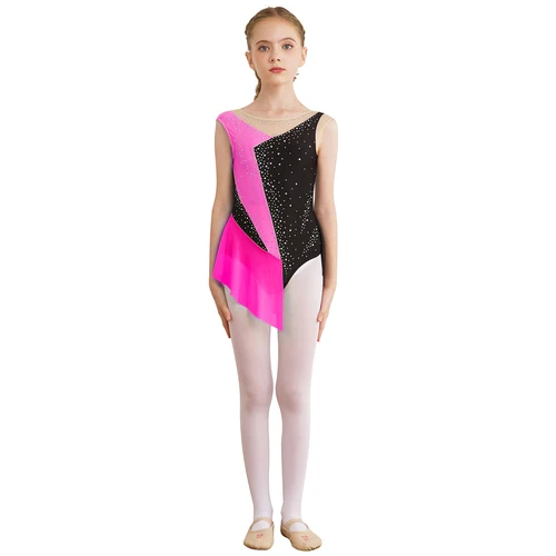 Imagen 2 del producto Vestido de leotardo de patinaje sobre hielo brillante para niñas, sin mangas, bloque de Color, malla de retales, mono, baile, Ballet, gimnasia