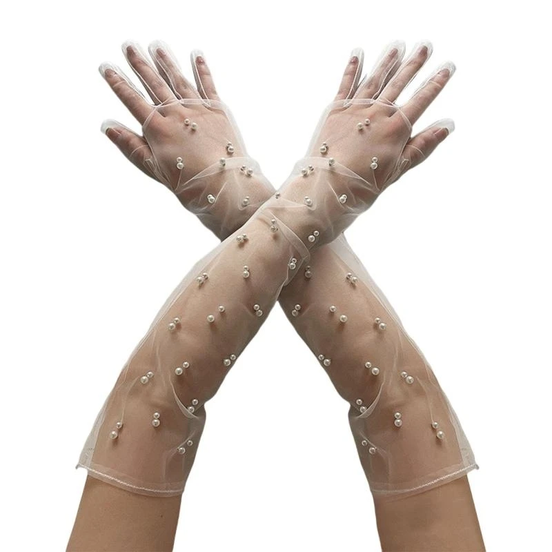 5asd Pearls Lace Long Gloves Stretch Tulle Mesh Semi Sheer Gloves for Formal Clothes