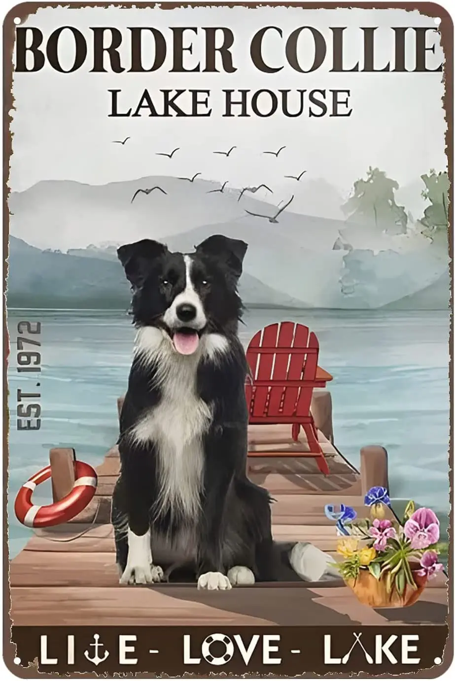 Vintage Tin Signs Border Collie Dog Lake House Retro Home Kitchen Bar Rustic Wall Decor Funny Decor Coffee Tin Signs Metal Decor