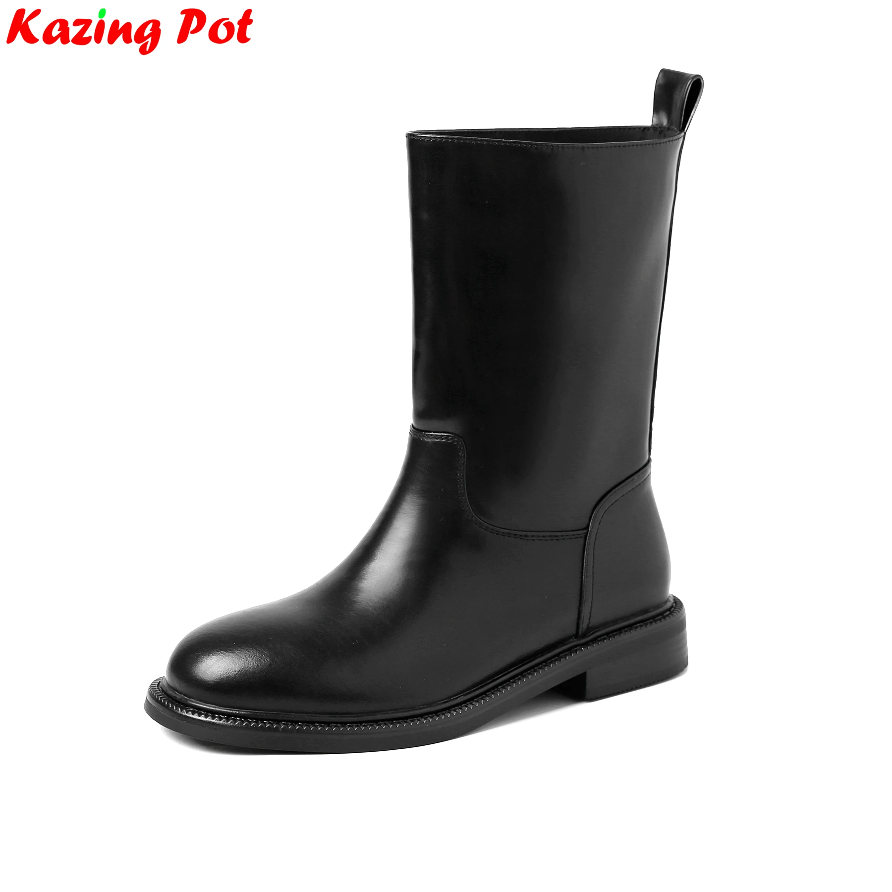 

Krazing Pot Cow Leather Chunky Med Heels Modern Motorcycles Boots Casual Winter Autumn Shoes Concise Brand Women Mid-calf Boots