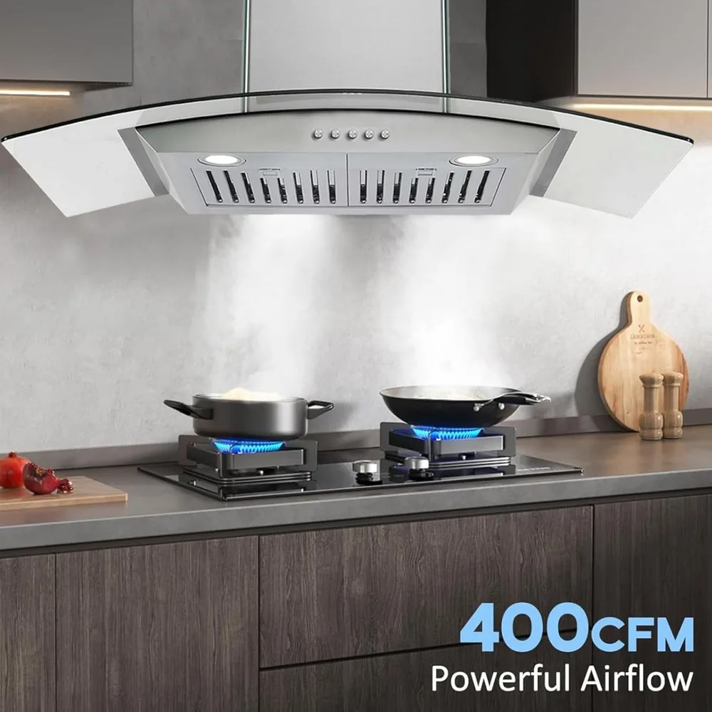 Campana extractora de 30 pulgadas, campana de ventilación de estufa Convertible sin conductos con chimenea, ventilador de 3 velocidades, luz LED, para estufa de cocina, 400cfm