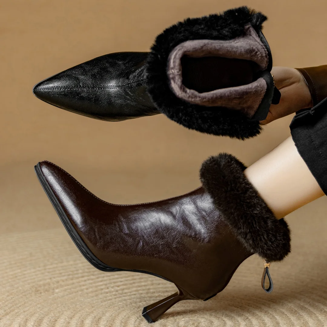 

Women's genuine leather pointed toe back zip autumn ankle boots elegant ladies 7cm thin high heel slim dress short booties shoes