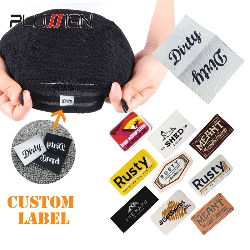 Plussign Knit Labels With Own Logo Or Name Woven Custom Hair Tags For Wigs ,Wig Grip, And Wig Caps Sewing Wig Lables Cloth Tag