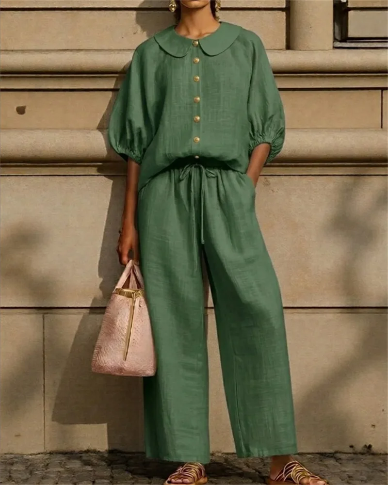 2026 Summer New Cross-border Amazon Women's Fashion Cotton Linen Lantern Sleeve Shirt Mid-waist Drawstring Pants Set