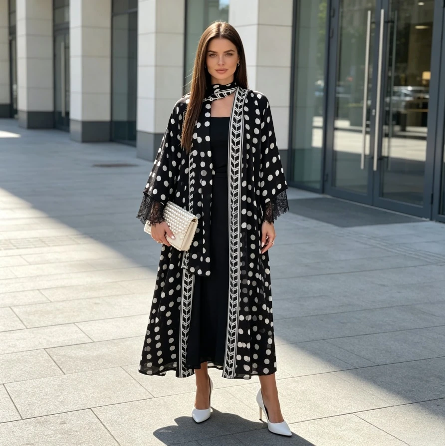 Women 2 Piece Set Polka Dot Eid Abaya Scarf Muslim Cardigan Headscarf Print Open Dress Vestidos Ramadan Dubai Kaftan Long Robe