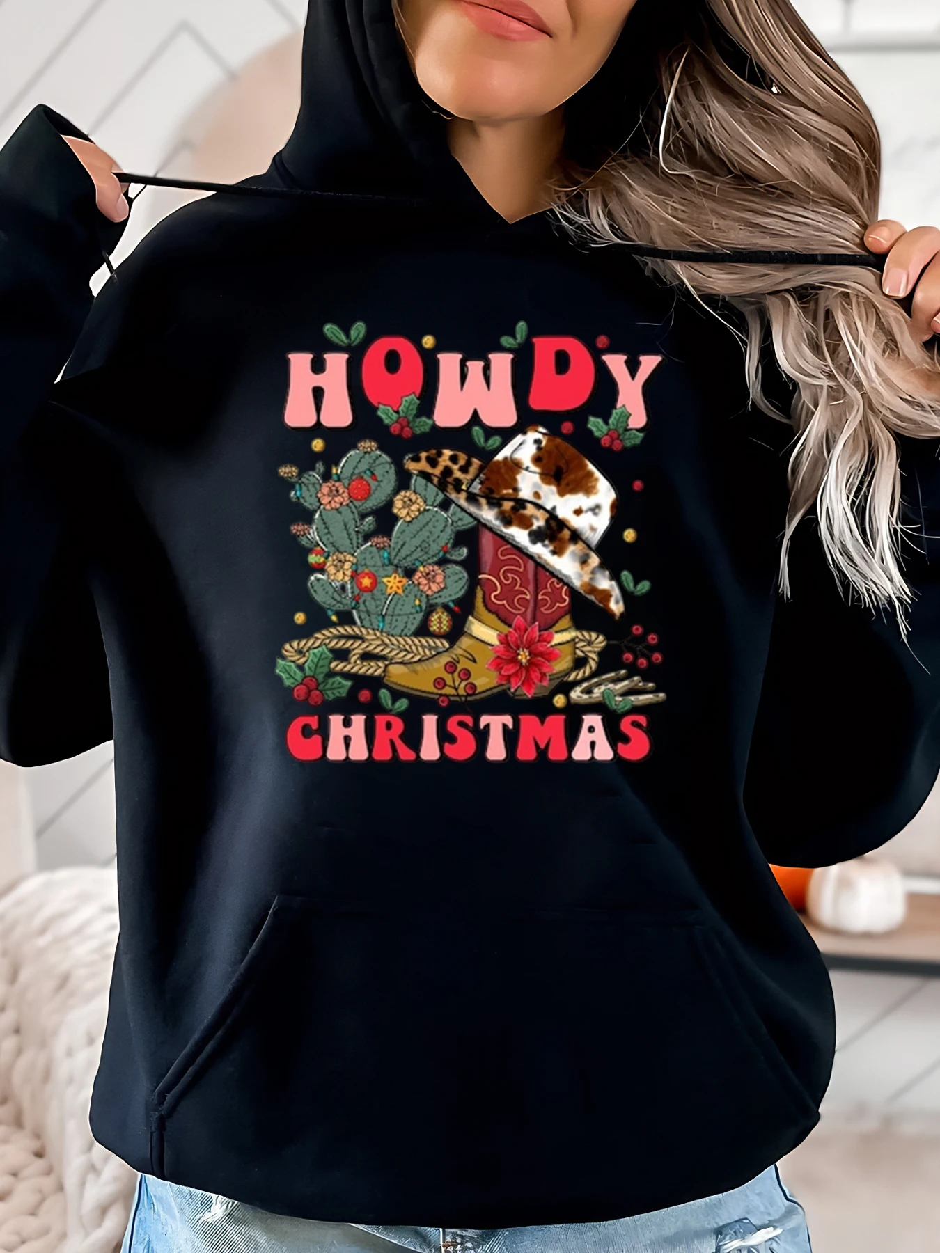 

Howdy Christmas Cactus Ковбойская шляпа с принтом Толстовка женская повседневная праздничная одежда черного цвета больших размеров