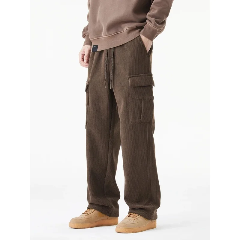 ฤดูหนาว Corduroy Sweatpants ผู้ชายหลายกระเป๋าขนแกะถักกางเกง Cargo Thicken WARM Casual หลวมตรงกางเกงชาย