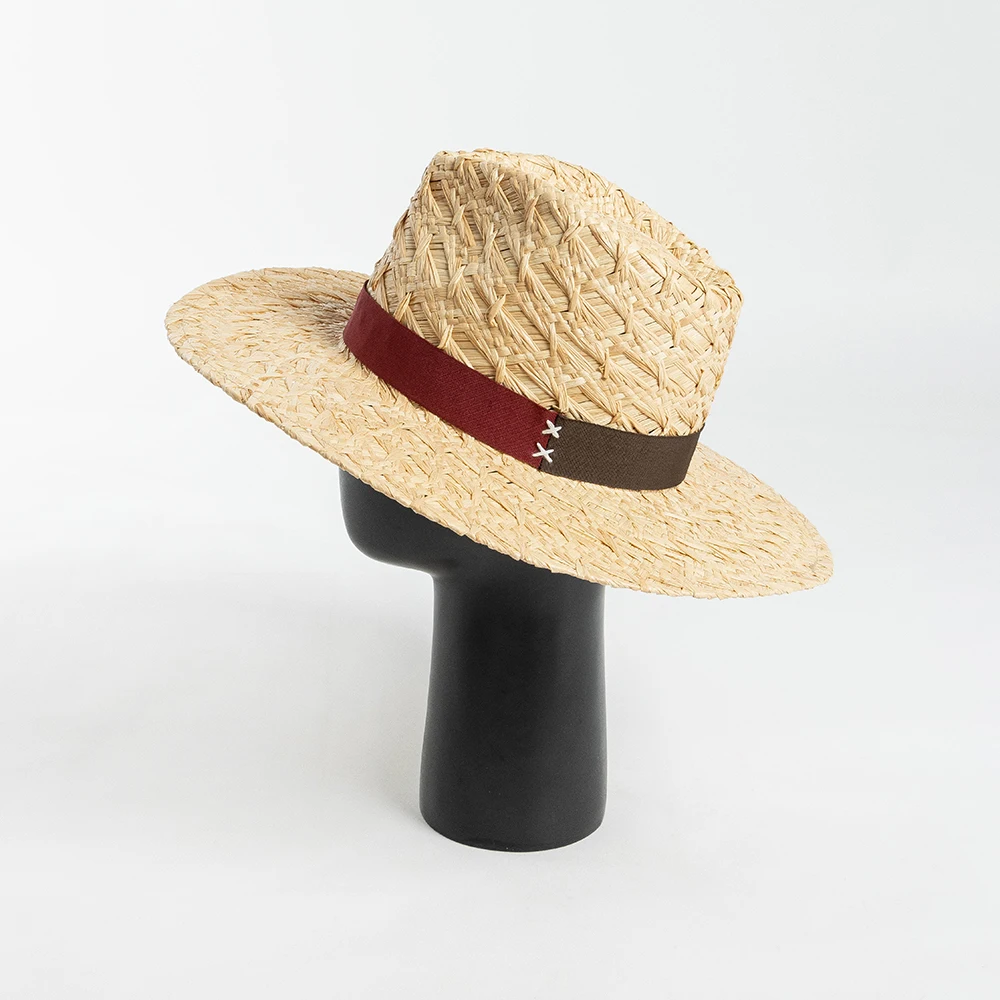 100% Raffia straw hat with two tone ribbon band straw fedora hat wide brim