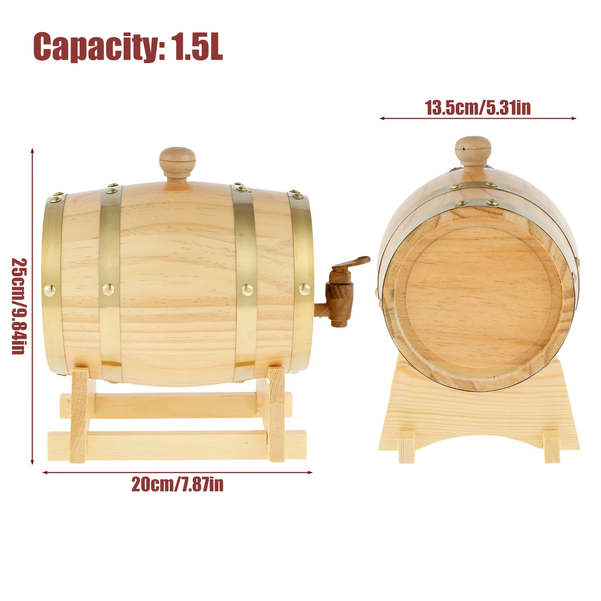 Wooden Wine Barrel 1.5L Pine Wood Beer Barrel Sealing Whiskey Barrel Dispenser Premium Brandy Bucket Wine Storage Barrel w/ Tap