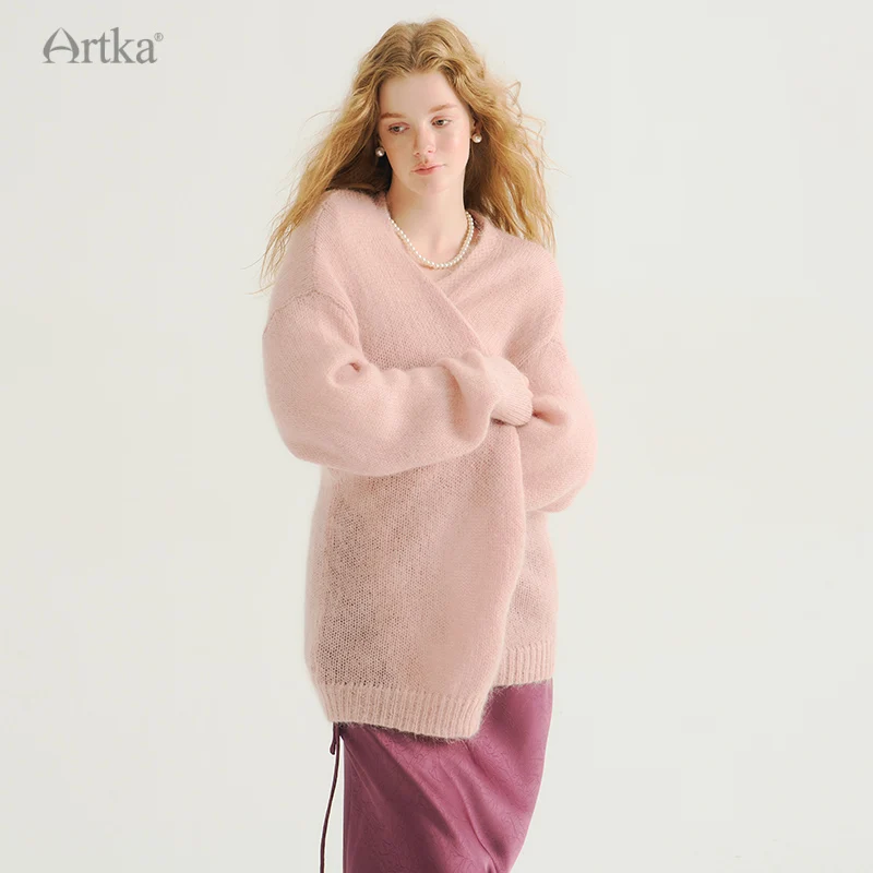 ARTKA 2024 Autumn New Women Cardigan Elegant Loose Wool Knitted Sweater Long Sleeve Cardigan Mohair Outerwear Female WB92245Q