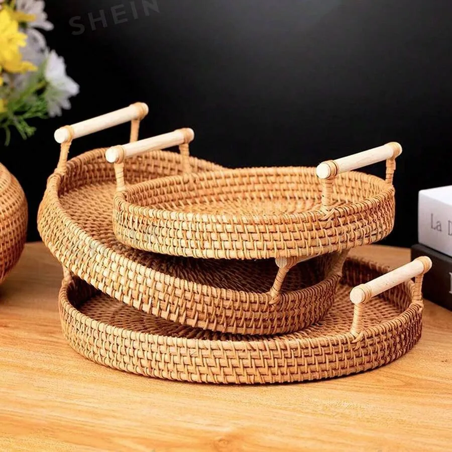 

1 шт. Плетеная корзина ручной работы для фруктов/хлеба с ручкой, плоский поднос, плетеная корзина для фруктов, плетеная корзина для хлеба в японском стиле