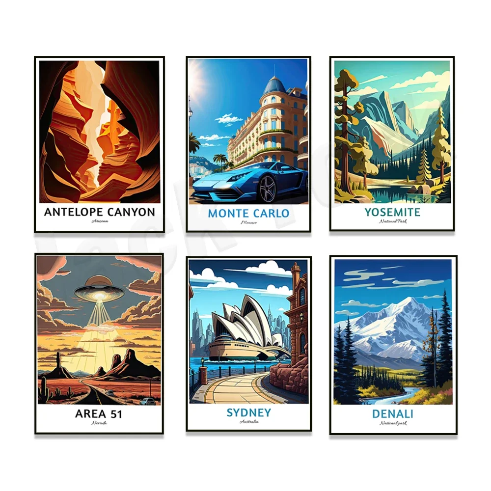 Monte Carlo Monaco, Arizona, Alaska, Sydney Opera House, Area 51, Nevada, Malibu, California, Banff National Park travel poster