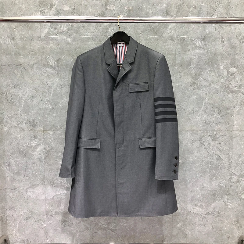 

Classic Men's Busin Suit Jaet Faionable Korean Sle Mid-Length Windbreaker Sli Pure Color Stand Fit Coat