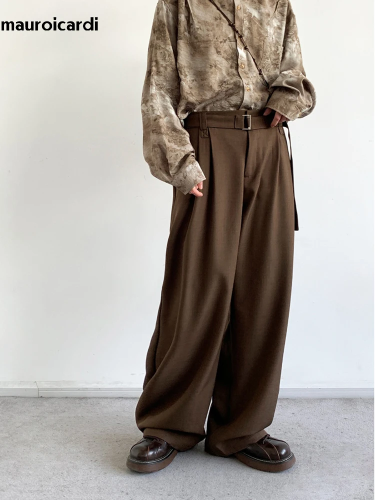 Mauroicardi Spring Autumn Long Coffee Flowy Baggy Wide Leg Pants for Mens Belt Korean Fashion Loose Casual Soft Trousers 2024