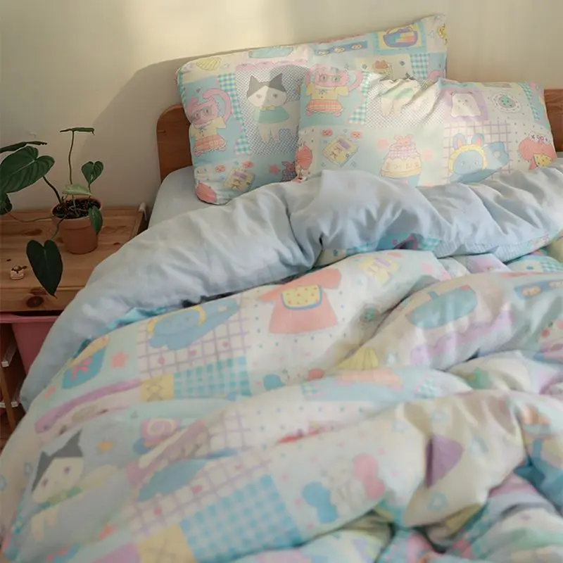 

Kawaii комплект постельного белья с героями мультфильмов для мальчиков и девочек, стильный пододеяльник, плоская простыня, наволочка, всесезонный одноместный пододеяльник королевского размера