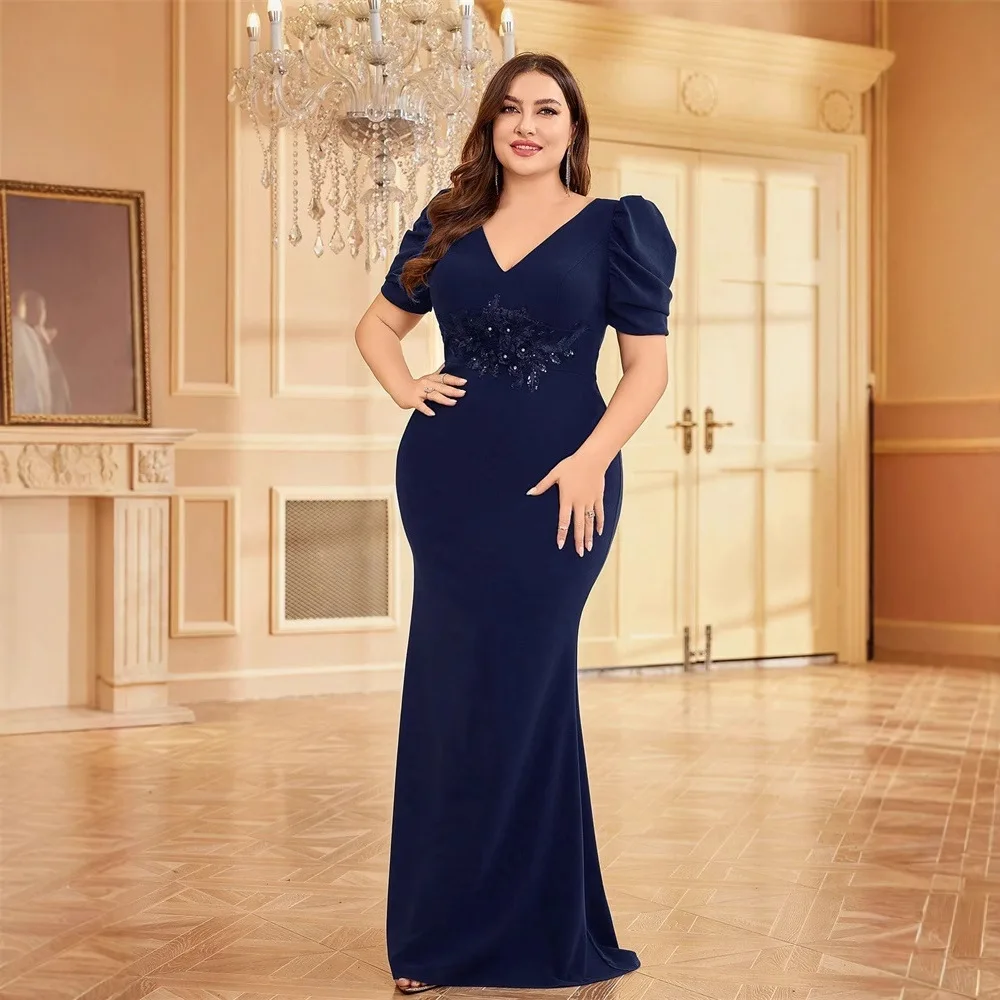 Plus Size Navy V Neck Puff Short Sleeve Floral Beaded Waist Mermaid Maxi Dress Solid Stretch Formal Mother of Bride Evening view 4