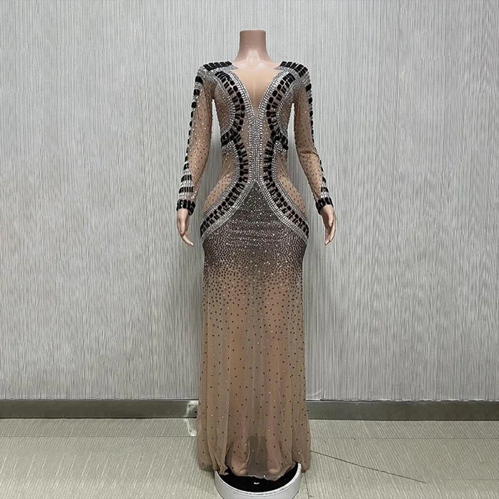 

Customized Sexy Lace Sleeveless Transparent Diamond Sequins Water Diamond Wrap Hip Dress Long Dress Performance Dress PartyDress