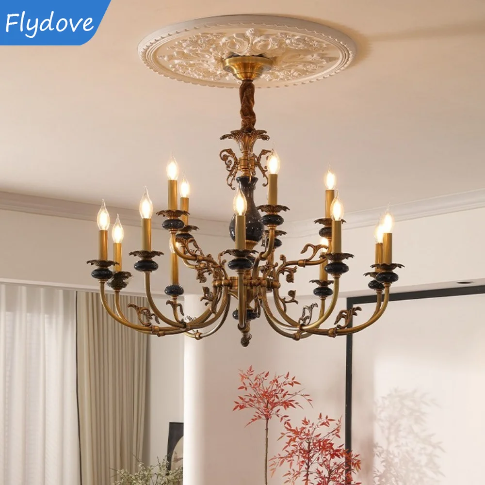 American retro living room chandelier 2026 new light French candle all copper villa dining room chandelier