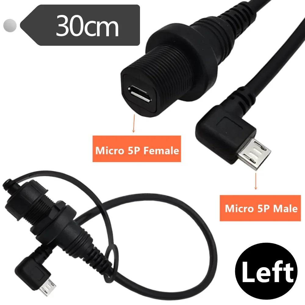 Waterproof USB 2.0 Micro 5Pin Male To Female AUX Cable Left/Right Angle Flush Panel Mount Data Sync Charging Extension 0.3m/1m