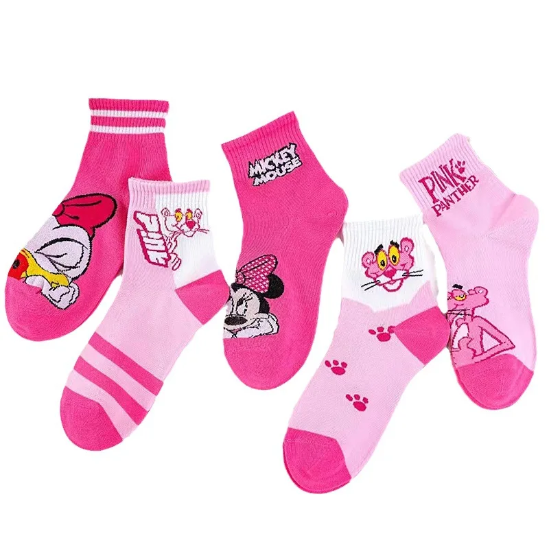 5Pairs Disney Mickey Minnie Socks Cute Cartoon Anime Socks for Girls Children\'s Socks Cotton Anti Slip Socks for Kids 2-12Y