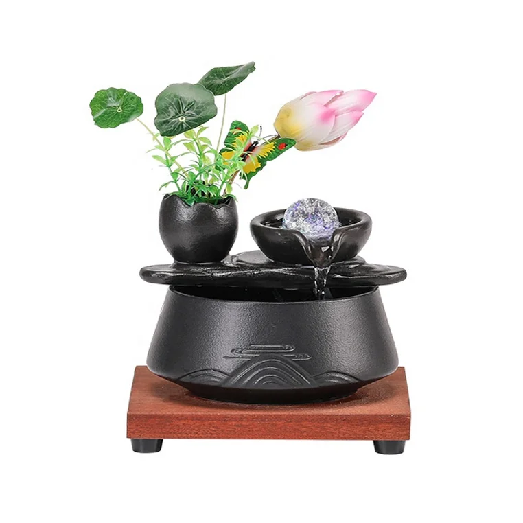 Creative Chinese Zen Garden Style Flowing Water Ornament Ceramic Tabletop Fountain Feng Shui Waterfall with Sphere