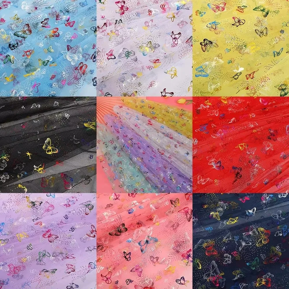 Tela de Tul Estampada con Mariposas Coloridas, Tela de Organza Metalizada Hecha a Mano, Material de Costura DIY, Tela de Malla
