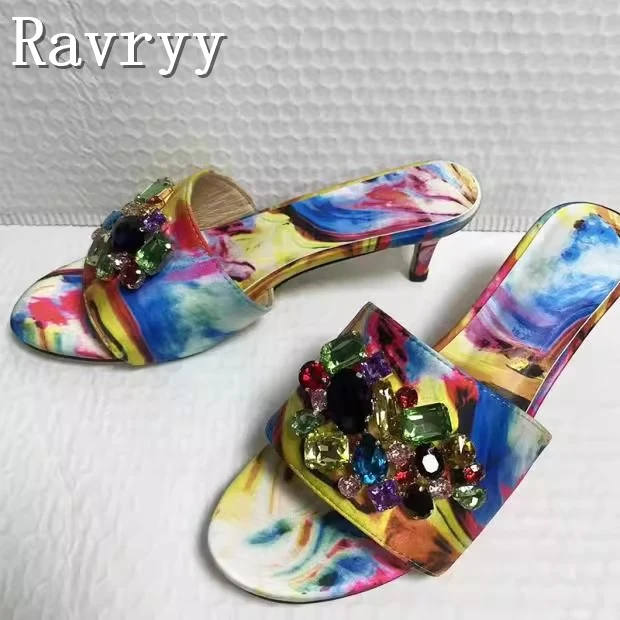 

Purple Printed Rhinestones High-Heeled Sandals Brand Design Peep Toe Stiletto Slippers Women Luxury Dress Party Shoes
