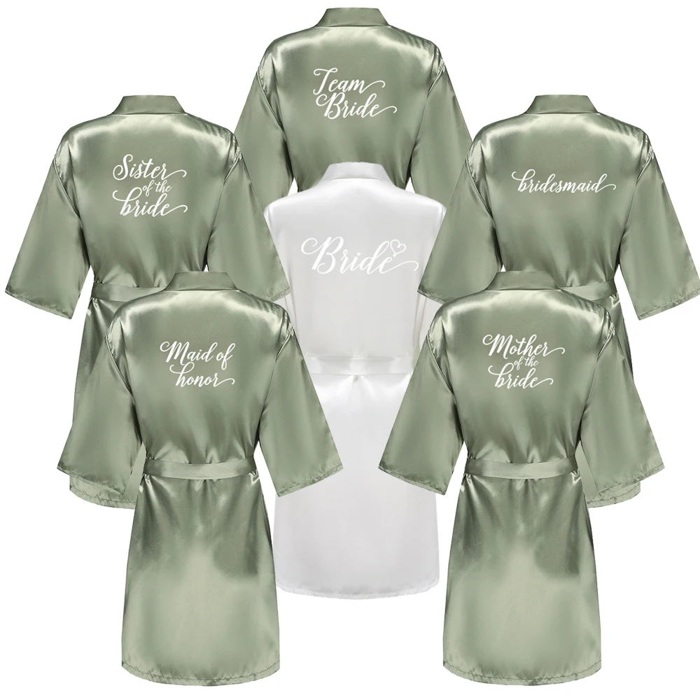 Women's Satin Robe Silk Kimono Bathrobe Pure Short Sexy Sleepwear Bridesmaid Bride Party Robes Grass Green