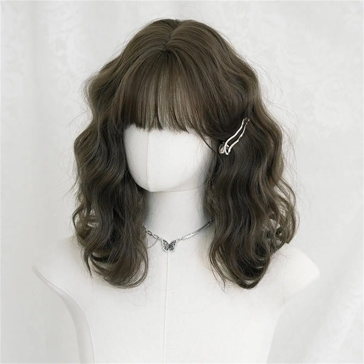 Short Curly Wig for Women, Summer New Product, Misty Cool Brown Synthetic Fiber, Realistic Full Wig with Bangs, High-Temperature Silk Curly Synthetic Wig